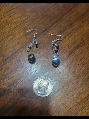 Brass Tone Iridescent Crystal Drop Earrings - Unbranded